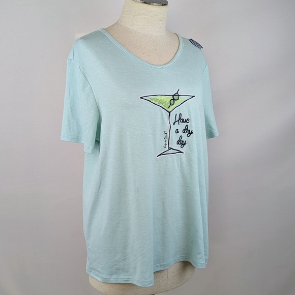 Life Is Good Martini Embroidery & Print PJ Set Short Sleeve Top Pant Teal XL NWT - Picture 4 of 16
